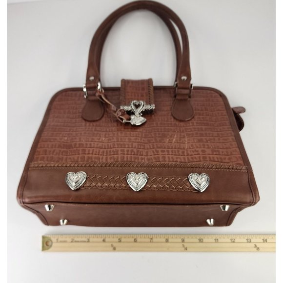 Womens Purse Brown Faux Croc Heart Charm Mom Core Braided Trim Clutch Bag - Picture 16 of 16